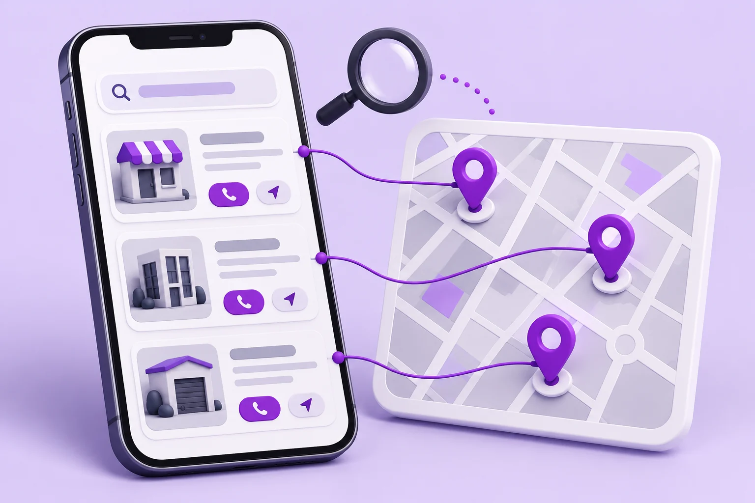 Local search listings connected to service coverage and contact options